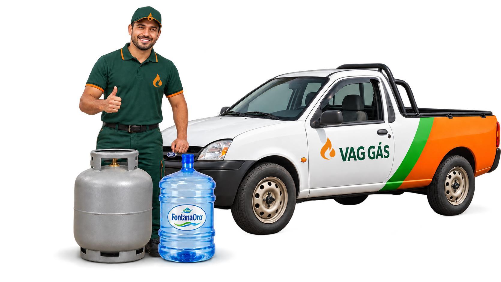 Entregador da Vag Gás com botijão, água Fontana Oro e Courier